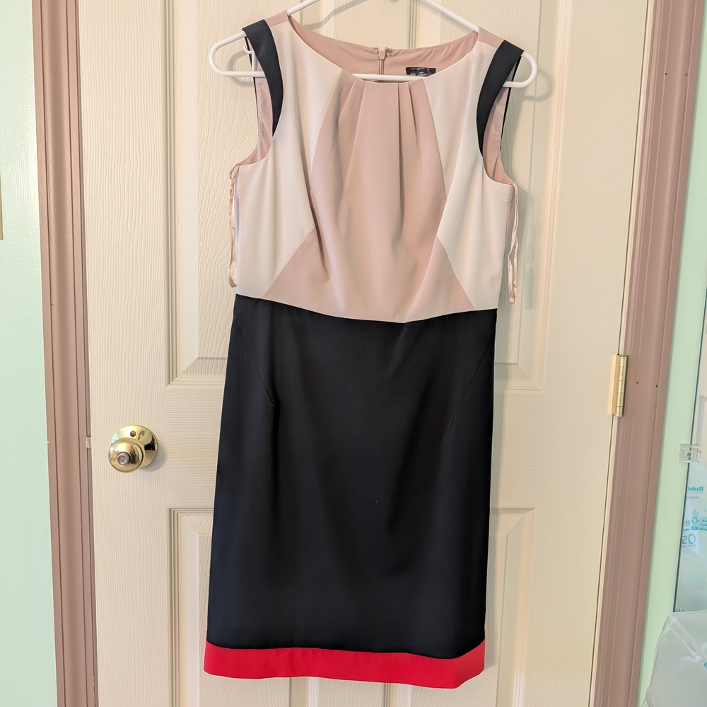 Ann Taylor 6P Petite Black and Cream Midi Dress with Red Accent